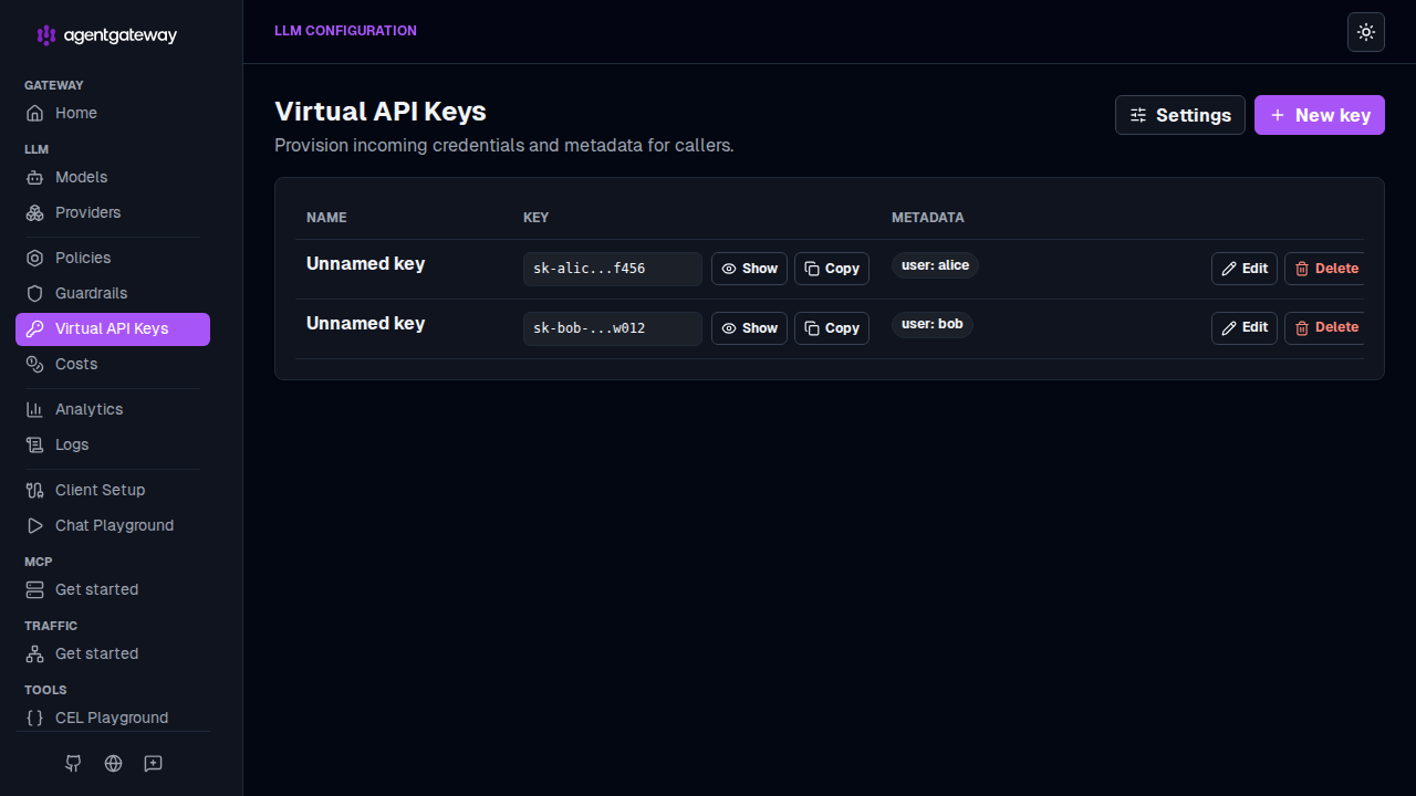 UI Virtual API Keys page listing configured keys and metadata